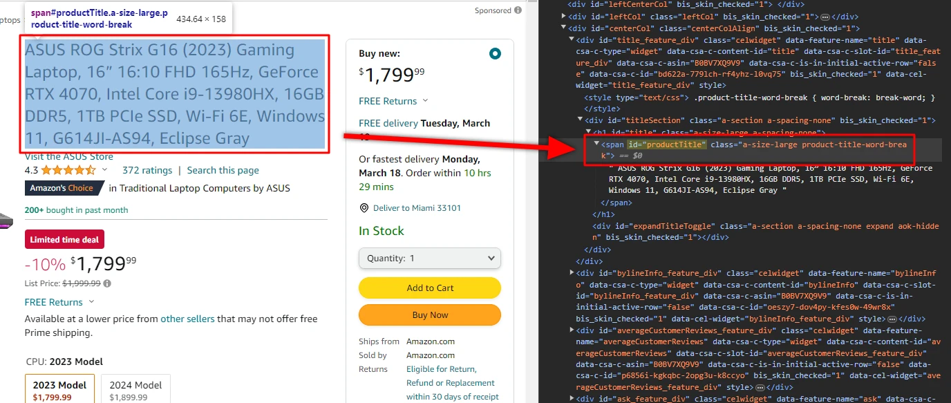 Amazon product title selector in DevTools