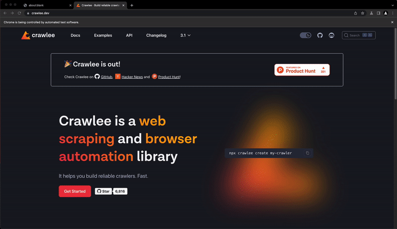 An image showing off Crawlee scraping the Crawlee website using Puppeteer/Playwright and Chromium